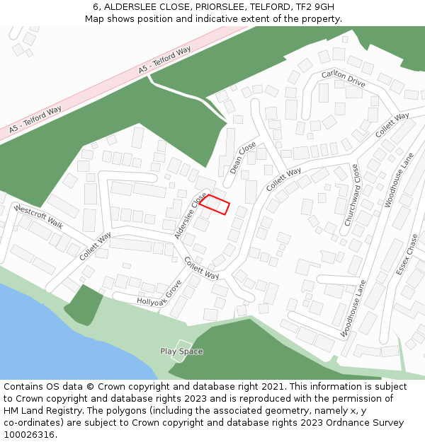 6, ALDERSLEE CLOSE, PRIORSLEE, TELFORD, TF2 9GH: Location map and indicative extent of plot