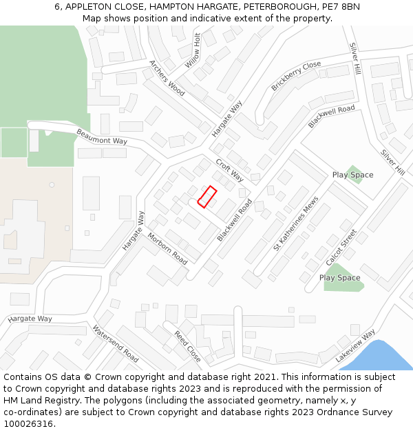 6, APPLETON CLOSE, HAMPTON HARGATE, PETERBOROUGH, PE7 8BN: Location map and indicative extent of plot