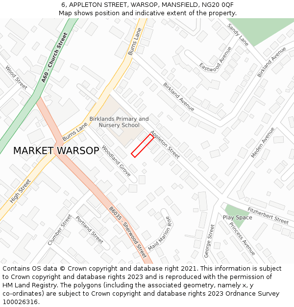 6, APPLETON STREET, WARSOP, MANSFIELD, NG20 0QF: Location map and indicative extent of plot