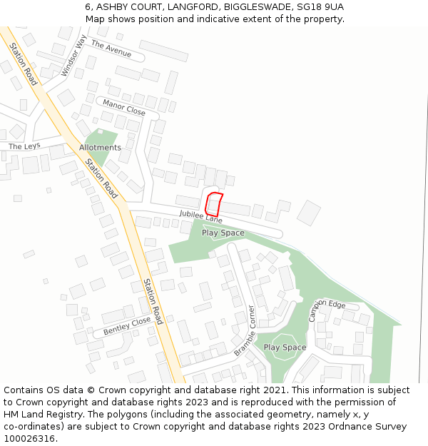 6, ASHBY COURT, LANGFORD, BIGGLESWADE, SG18 9UA: Location map and indicative extent of plot