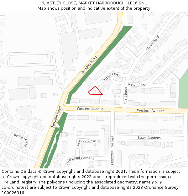 6, ASTLEY CLOSE, MARKET HARBOROUGH, LE16 9NL: Location map and indicative extent of plot