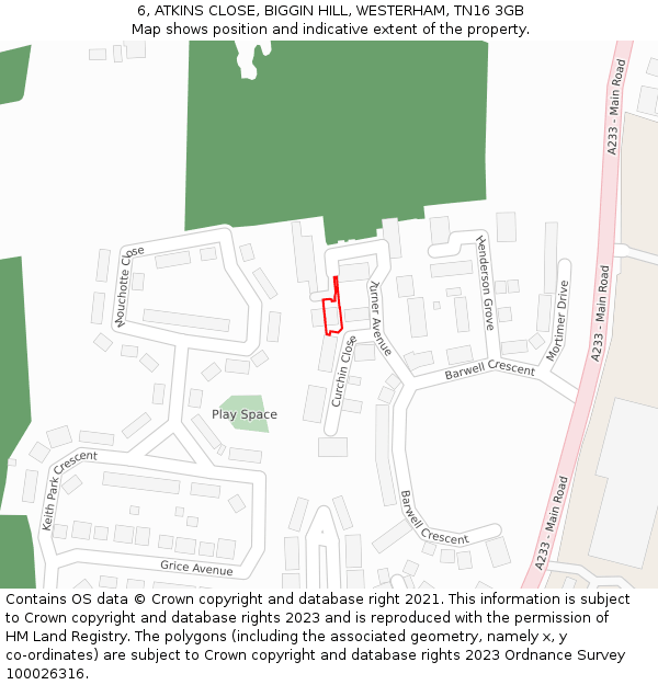 6, ATKINS CLOSE, BIGGIN HILL, WESTERHAM, TN16 3GB: Location map and indicative extent of plot