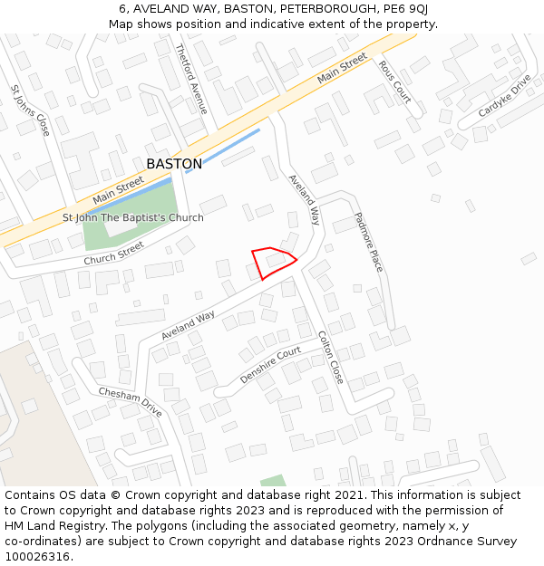 6, AVELAND WAY, BASTON, PETERBOROUGH, PE6 9QJ: Location map and indicative extent of plot