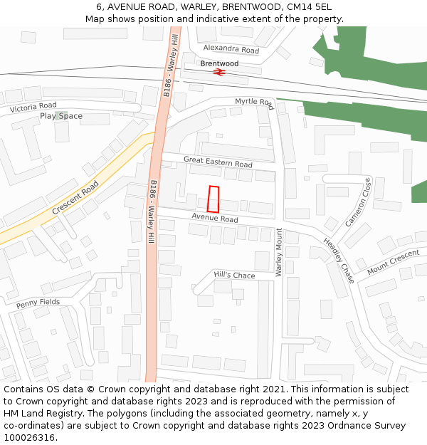 6, AVENUE ROAD, WARLEY, BRENTWOOD, CM14 5EL: Location map and indicative extent of plot