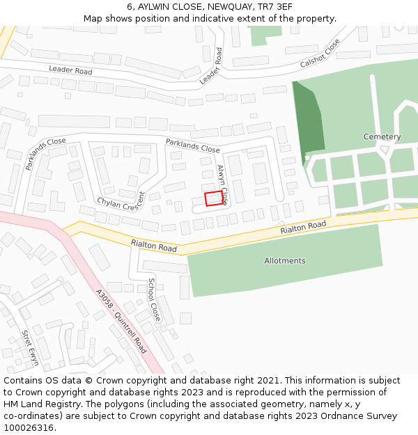 6, AYLWIN CLOSE, NEWQUAY, TR7 3EF: Location map and indicative extent of plot