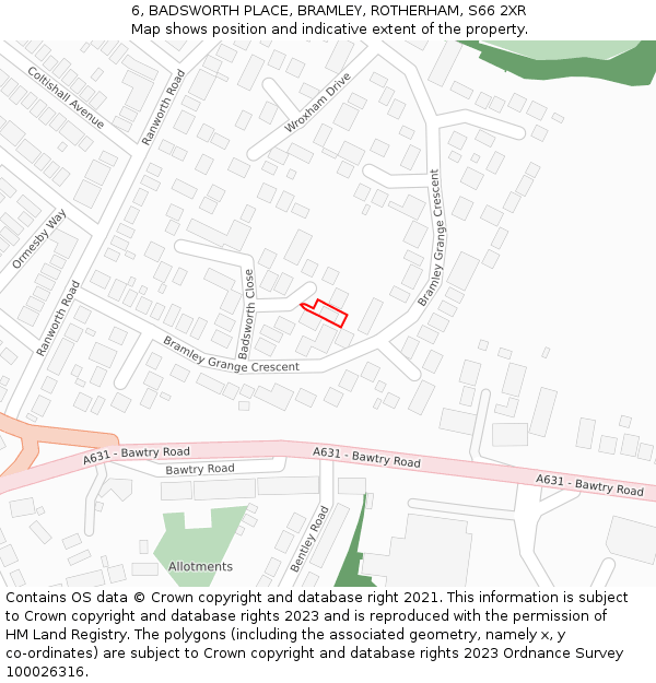 6, BADSWORTH PLACE, BRAMLEY, ROTHERHAM, S66 2XR: Location map and indicative extent of plot