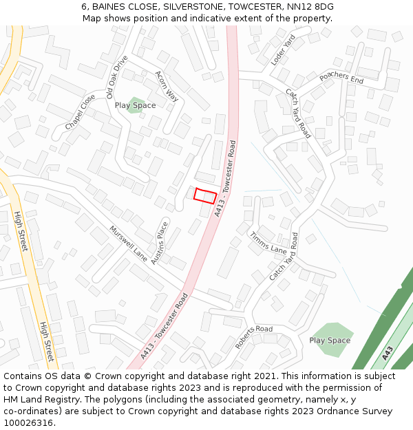 6, BAINES CLOSE, SILVERSTONE, TOWCESTER, NN12 8DG: Location map and indicative extent of plot