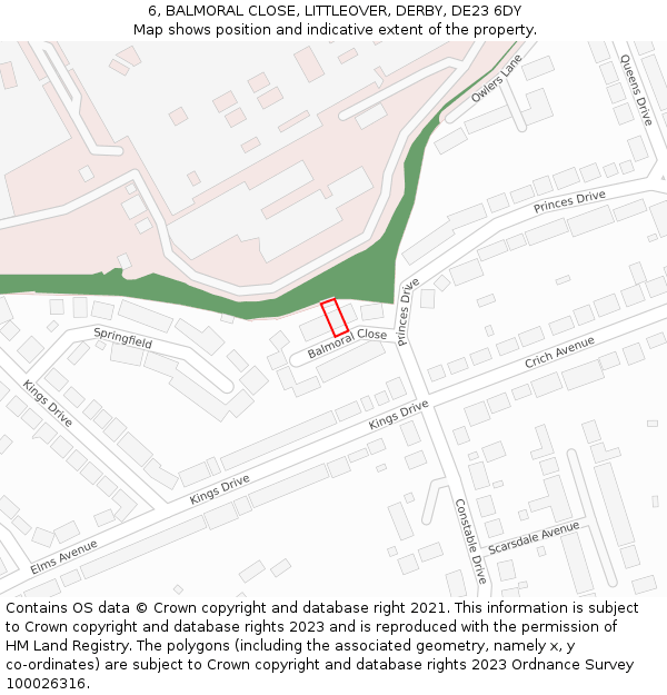 6, BALMORAL CLOSE, LITTLEOVER, DERBY, DE23 6DY: Location map and indicative extent of plot