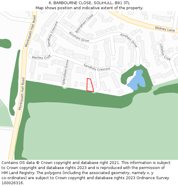 6, BARBOURNE CLOSE, SOLIHULL, B91 3TL: Location map and indicative extent of plot