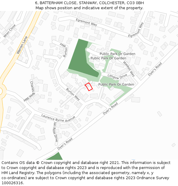 6, BATTERHAM CLOSE, STANWAY, COLCHESTER, CO3 0BH: Location map and indicative extent of plot
