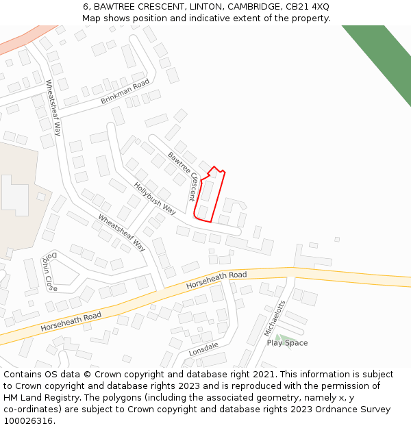 6, BAWTREE CRESCENT, LINTON, CAMBRIDGE, CB21 4XQ: Location map and indicative extent of plot