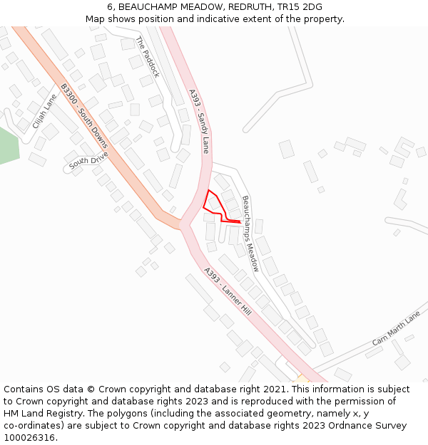 6, BEAUCHAMP MEADOW, REDRUTH, TR15 2DG: Location map and indicative extent of plot