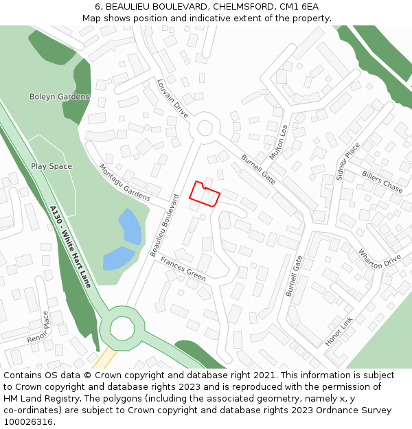 6, BEAULIEU BOULEVARD, CHELMSFORD, CM1 6EA: Location map and indicative extent of plot