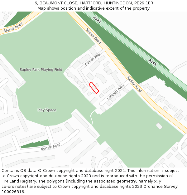 6, BEAUMONT CLOSE, HARTFORD, HUNTINGDON, PE29 1ER: Location map and indicative extent of plot