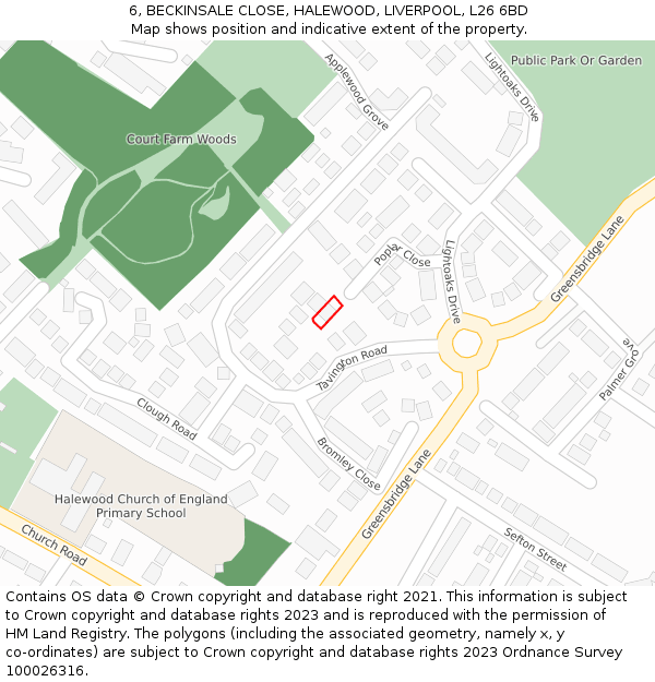 6, BECKINSALE CLOSE, HALEWOOD, LIVERPOOL, L26 6BD: Location map and indicative extent of plot