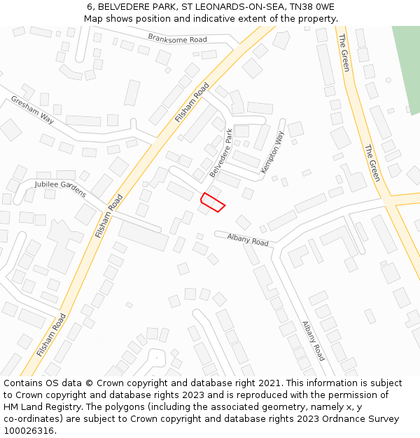 6, BELVEDERE PARK, ST LEONARDS-ON-SEA, TN38 0WE: Location map and indicative extent of plot