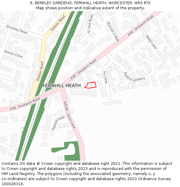 6, BERKLEY GARDENS, FERNHILL HEATH, WORCESTER, WR3 8TX: Location map and indicative extent of plot