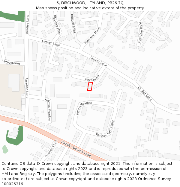 6, BIRCHWOOD, LEYLAND, PR26 7QJ: Location map and indicative extent of plot