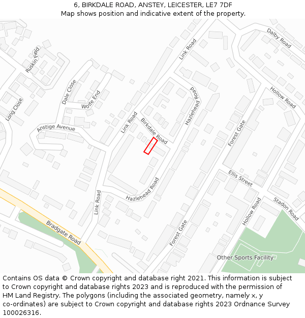 6, BIRKDALE ROAD, ANSTEY, LEICESTER, LE7 7DF: Location map and indicative extent of plot