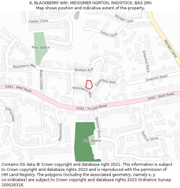 6, BLACKBERRY WAY, MIDSOMER NORTON, RADSTOCK, BA3 2RN: Location map and indicative extent of plot