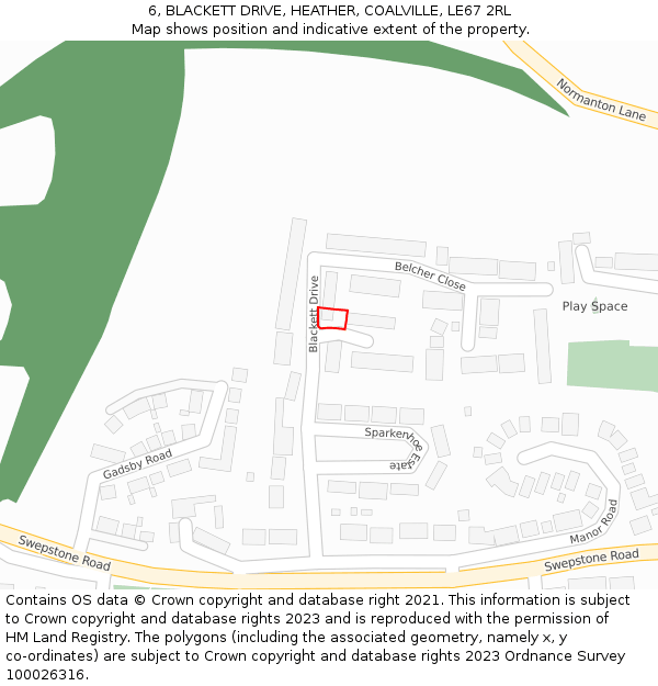 6, BLACKETT DRIVE, HEATHER, COALVILLE, LE67 2RL: Location map and indicative extent of plot