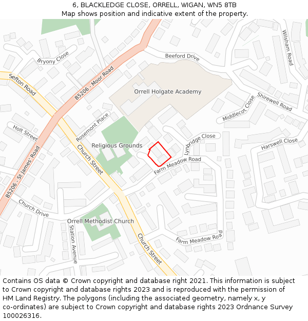 6, BLACKLEDGE CLOSE, ORRELL, WIGAN, WN5 8TB: Location map and indicative extent of plot