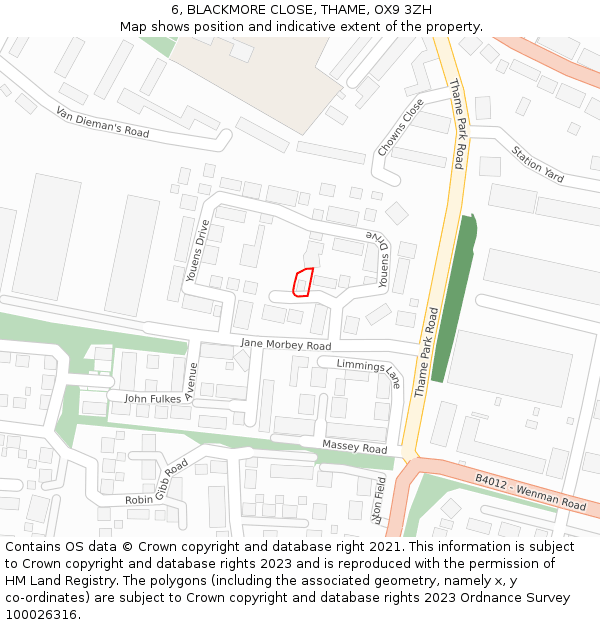 6, BLACKMORE CLOSE, THAME, OX9 3ZH: Location map and indicative extent of plot
