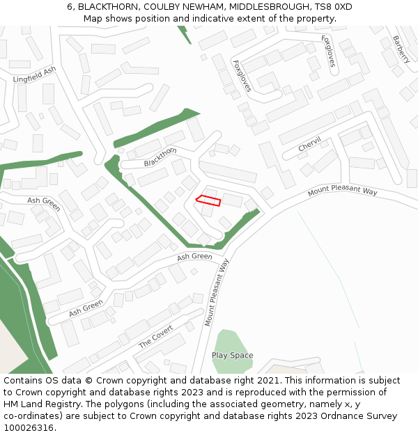 6, BLACKTHORN, COULBY NEWHAM, MIDDLESBROUGH, TS8 0XD: Location map and indicative extent of plot