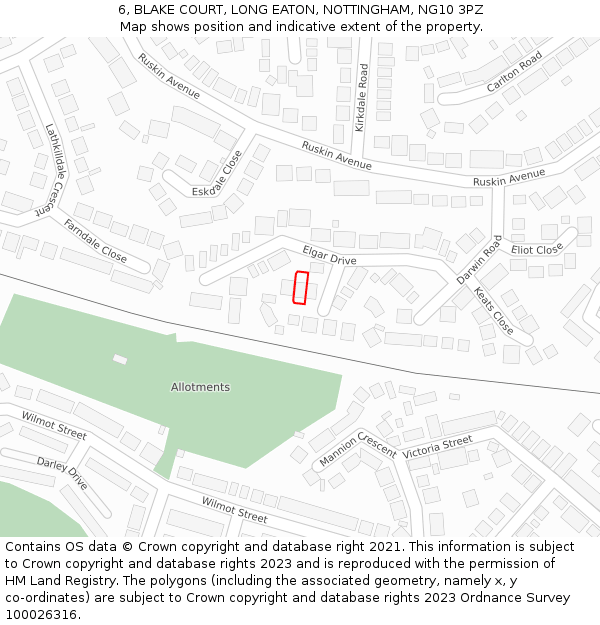 6, BLAKE COURT, LONG EATON, NOTTINGHAM, NG10 3PZ: Location map and indicative extent of plot