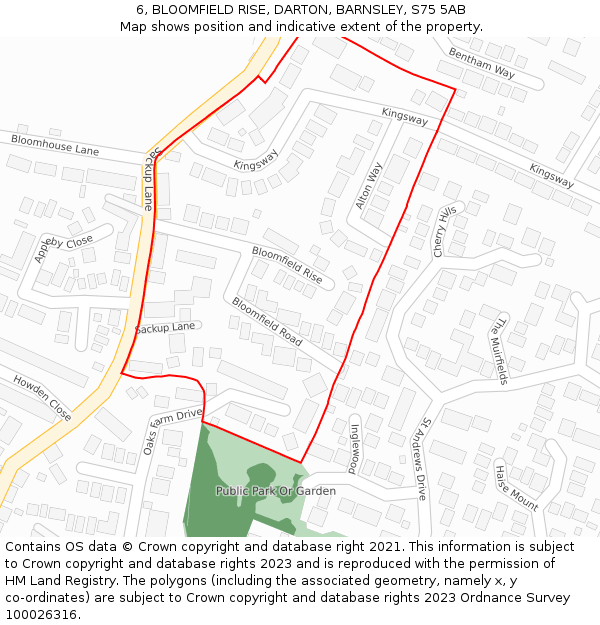 6, BLOOMFIELD RISE, DARTON, BARNSLEY, S75 5AB: Location map and indicative extent of plot