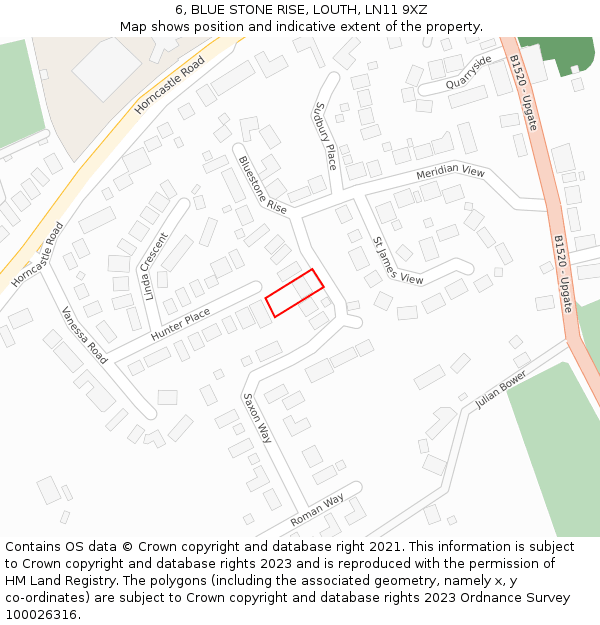 6, BLUE STONE RISE, LOUTH, LN11 9XZ: Location map and indicative extent of plot