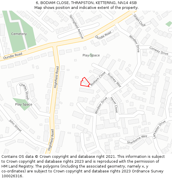 6, BODIAM CLOSE, THRAPSTON, KETTERING, NN14 4SB: Location map and indicative extent of plot