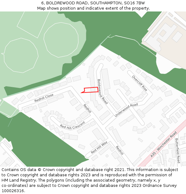 6, BOLDREWOOD ROAD, SOUTHAMPTON, SO16 7BW: Location map and indicative extent of plot