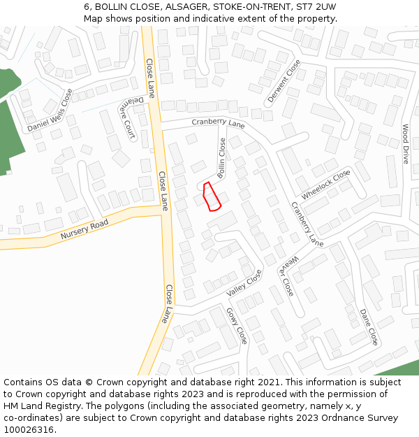6, BOLLIN CLOSE, ALSAGER, STOKE-ON-TRENT, ST7 2UW: Location map and indicative extent of plot