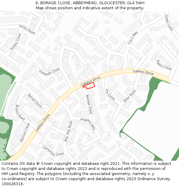6, BORAGE CLOSE, ABBEYMEAD, GLOUCESTER, GL4 5WH: Location map and indicative extent of plot