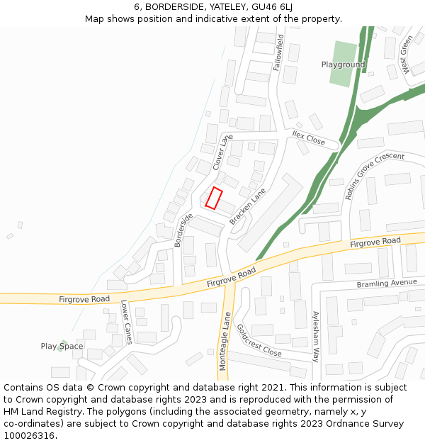 6, BORDERSIDE, YATELEY, GU46 6LJ: Location map and indicative extent of plot