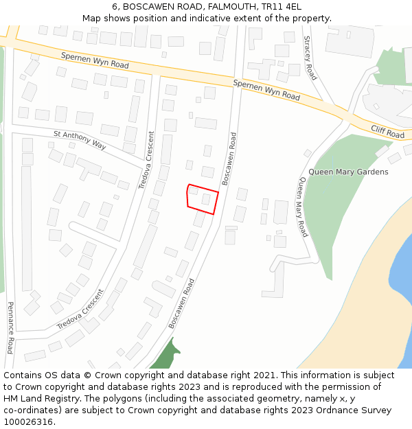 6, BOSCAWEN ROAD, FALMOUTH, TR11 4EL: Location map and indicative extent of plot