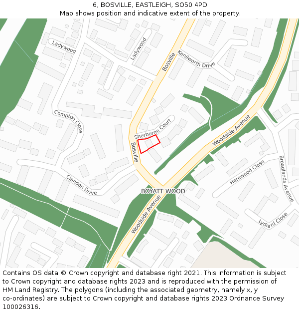 6, BOSVILLE, EASTLEIGH, SO50 4PD: Location map and indicative extent of plot