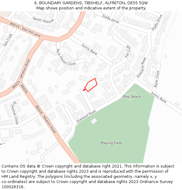 6, BOUNDARY GARDENS, TIBSHELF, ALFRETON, DE55 5QW: Location map and indicative extent of plot