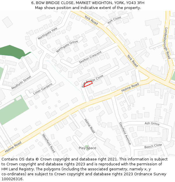 6, BOW BRIDGE CLOSE, MARKET WEIGHTON, YORK, YO43 3FH: Location map and indicative extent of plot