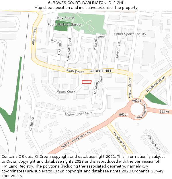 6, BOWES COURT, DARLINGTON, DL1 2HL: Location map and indicative extent of plot