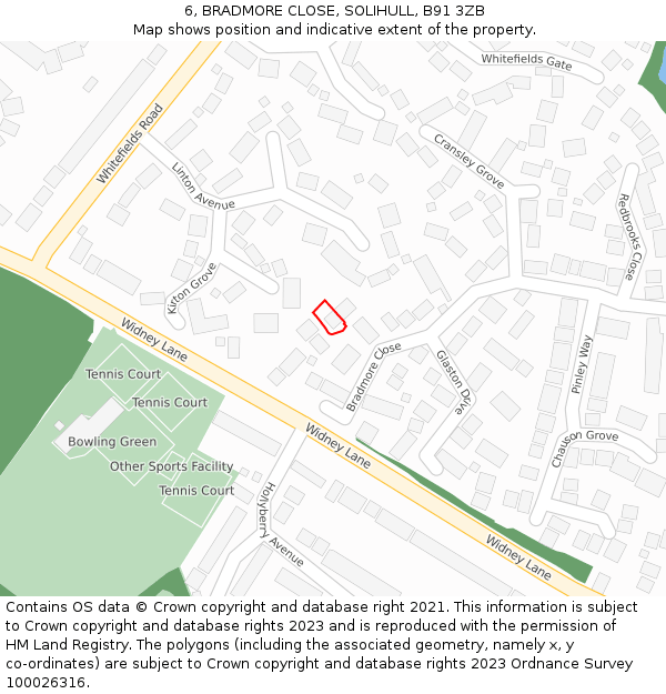 6, BRADMORE CLOSE, SOLIHULL, B91 3ZB: Location map and indicative extent of plot
