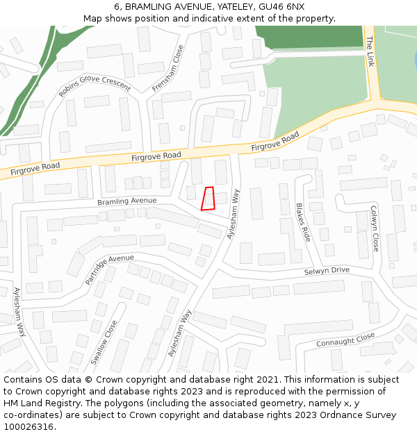 6, BRAMLING AVENUE, YATELEY, GU46 6NX: Location map and indicative extent of plot