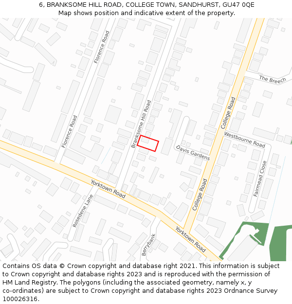 6, BRANKSOME HILL ROAD, COLLEGE TOWN, SANDHURST, GU47 0QE: Location map and indicative extent of plot