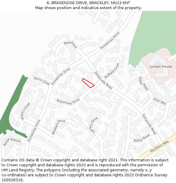 6, BRASENOSE DRIVE, BRACKLEY, NN13 6NT: Location map and indicative extent of plot