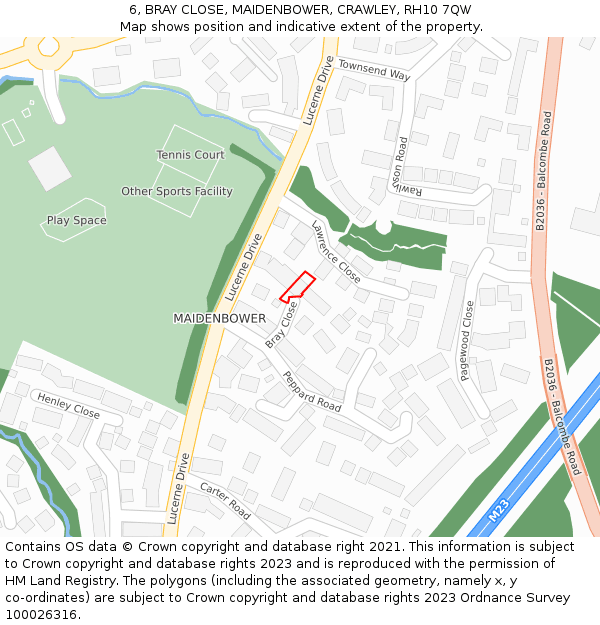 6, BRAY CLOSE, MAIDENBOWER, CRAWLEY, RH10 7QW: Location map and indicative extent of plot