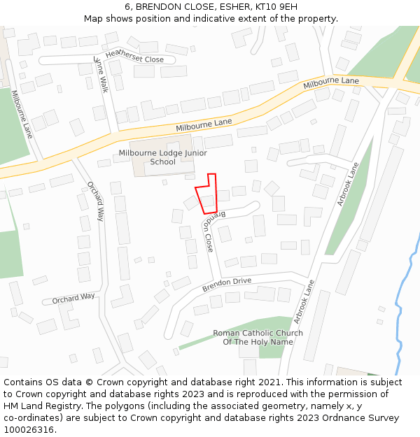 6, BRENDON CLOSE, ESHER, KT10 9EH: Location map and indicative extent of plot