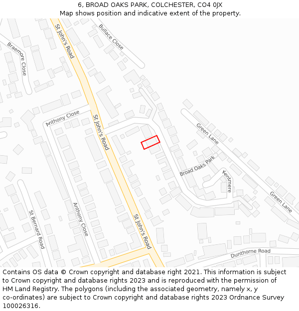 6, BROAD OAKS PARK, COLCHESTER, CO4 0JX: Location map and indicative extent of plot