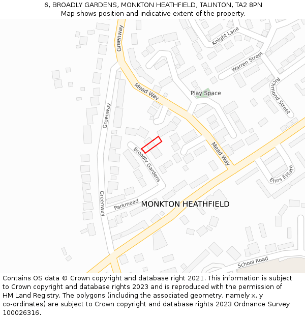 6, BROADLY GARDENS, MONKTON HEATHFIELD, TAUNTON, TA2 8PN: Location map and indicative extent of plot
