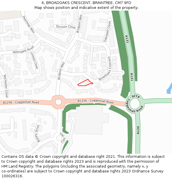 6, BROADOAKS CRESCENT, BRAINTREE, CM7 9FD: Location map and indicative extent of plot